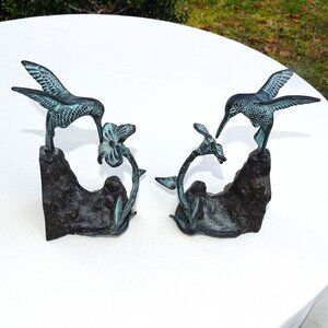 Solid Brass Hummingbird and Flower Bookends Verdigris Patina Pair 7 Inches